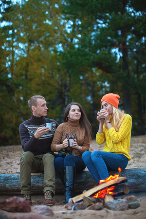 small company communicates sitting on a log by the fire on the beach against the background of the forestの写真素材