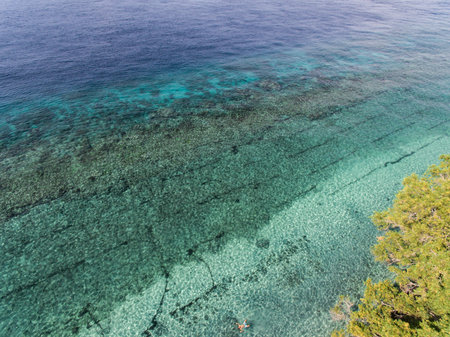 Top view aerial photo from flying drone of an amazingly beautiful sea landscape with turquoise water...