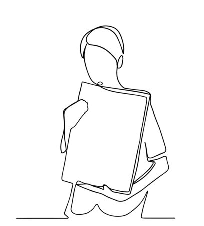 continuous line drawing of standing woman holding blank placard. One continuous line art of a young woman in a hat standing with a blank poster raised above her head. Black vector outline of a protestのイラスト素材
