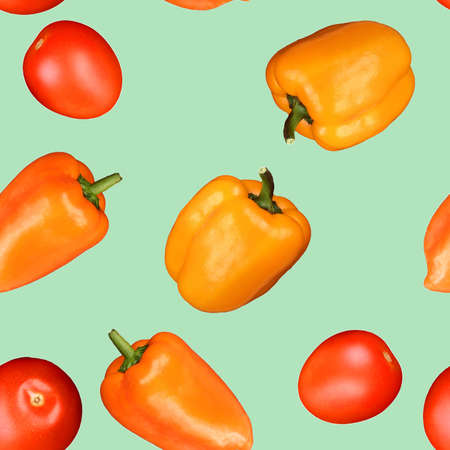 Seamless pattern of flowers and leaves. Yellow and orange peppers, red tomatoes on a neutral background.の写真素材