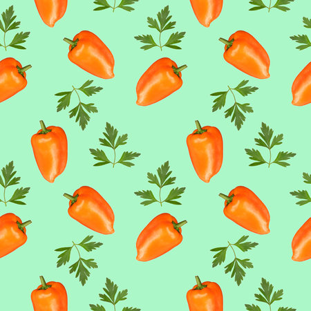 Seamless pattern of bell pepper and parsley on a neutral background.