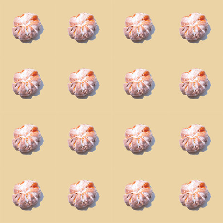 Seamless pattern of rosy buns sprinkled with icing sugar. Allow yourself to feast on junk food after...