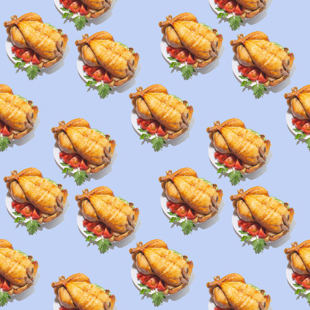 Grilled chicken seamless pattern on a white plate. Golden ruddy grilled chicken on a plate with...