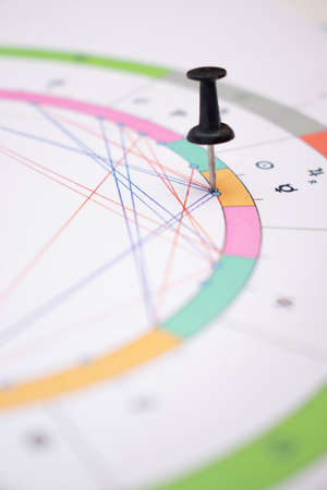 Setting a confusing astrological task. A black pin pinned to an astrological chart at the location of the aspect in question. Symbols of zodiac signs, planets, aspects.の写真素材