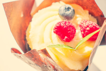 Delicious cheesecake with sweet bright berries of raspberries and blueberries.