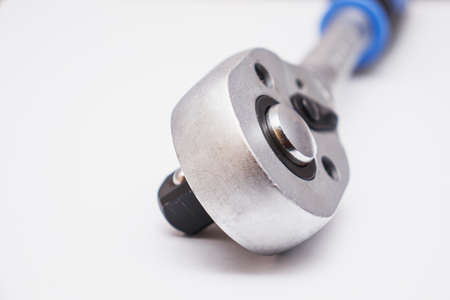 Wrenches close-up on a white background. Chrome plated wrenches. Wrenches of different sizes and types.の写真素材