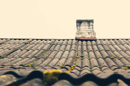 An old blackened slate roof covered with green moss. Roofing of an old village building.の写真素材