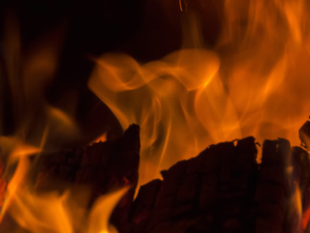 Primal bewitching magic of fire. Dance of orange flames on charred logs. Bonfire burning with...