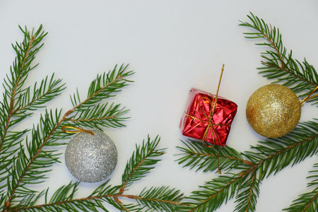 Merry christmas and a happy new year! Greeting card with attributes of the winter holidays on a plain background and free space for an inscription.の写真素材