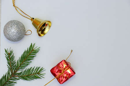 Merry christmas and a happy new year! Greeting card with attributes of the winter holidays on a plain background and free space for an inscription.の写真素材