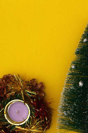 Merry christmas and happy new year greeting card template. Holiday decorations on a plain background, top view.の写真素材