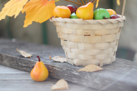 Bright colorful autumn mood. Autumn motives. Artificial plastic fruits and leaves in bright sunshine and haze.の写真素材