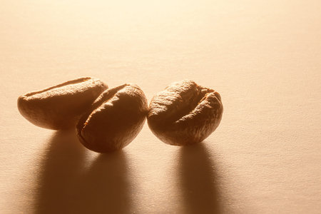 Roasted aromatic coffee grains close-up. Grains of coffee on white paper in grazing light. Long...