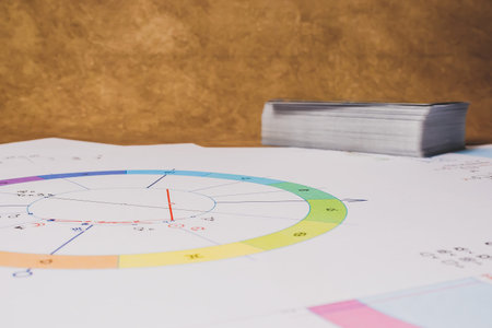 The workplace of an astrologer, magician and sorcerer of our time. Hobby during the pandemic. Astrological charts and tables built with the help of modern gadgets, laid out on the table.の写真素材