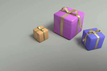 Bright colored gift boxes tied with ribbons. Gift boxes of different sizes on a gray background. 3D...