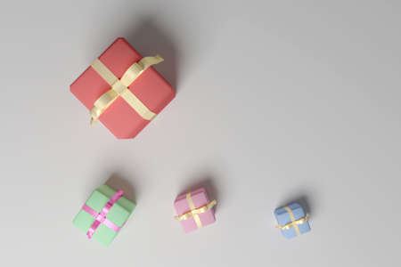 Bright colored gift boxes tied with ribbons. Gift boxes of different sizes on a gray background. 3D rendering. Free space for an inscription.の写真素材