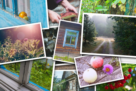 The attributes of village life in harmony with nature. Collage of photos.の写真素材