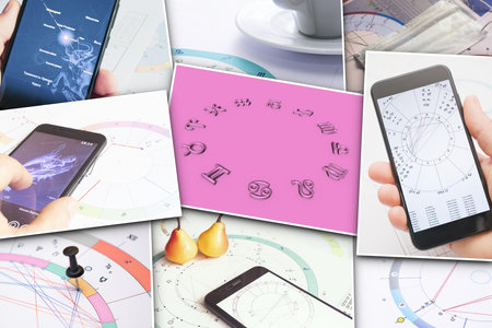 Workplace of a modern astrologer. Collage of photos. Astrologer's accessories: astrological charts...