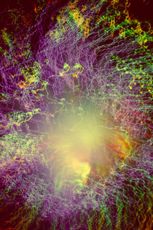 Big explosion. Expanding universe. Fireworks explosion. Abstraction. Multi-colored curly threads scattering from the center. Illuminated optical fiber.の写真素材