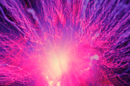 Big explosion. Expanding universe. Fireworks explosion. Abstraction. Multi-colored curly threads scattering from the center. Illuminated optical fiber.の写真素材