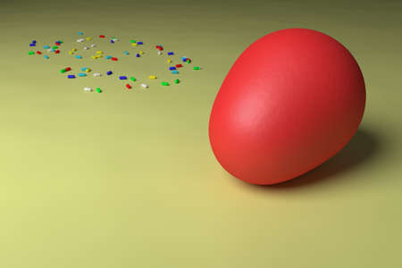 Happy easter. Colored Easter egg. 3D rendering. Egg on a slightly dented colored canvas with colored Easter sprinkles scattered over it. Free space for an inscription.の写真素材