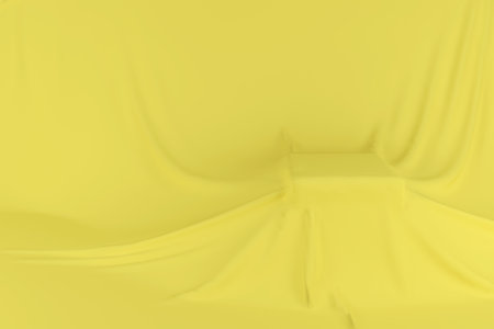 Stage with a pedestal for placing objects. 3D rendering. Pedestal in the form of a cube covered with yellow cloth. Cube on stage. The color of the year 2021 is illuminating yellow.の写真素材
