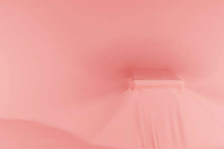 Stage with a pedestal for placing objects. 3D rendering. Pedestal in the form of a cube covered with pink fabric. Cube on stage.の写真素材