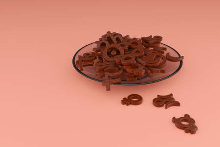 Chocolate-covered cookies in the form of astrological signs of the planets on a glass plate on a pink background.の写真素材