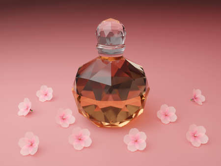Perfume in a glass bottle in the form of a spherical polyhedron. 3D render. Eau de toilette on a pink background with cherry blossoms.の写真素材