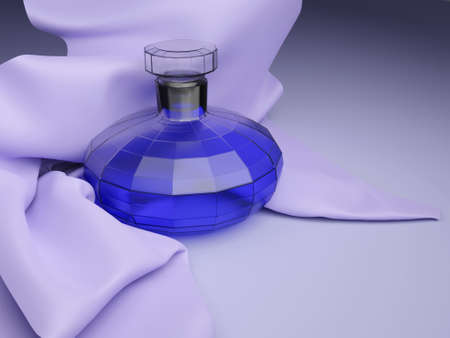 Perfume in a glass bottle in the form of a spherical polyhedron. 3D render. Blue eau de toilette on a blue background with blue cloth.の写真素材
