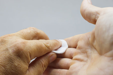 The man disinfects his hands with a cotton pad with disinfectant.の写真素材