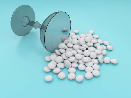 A bunch of white oval dragees on a blue background. 3D render. A handful of pharmaceuticals scattered on the table next to the fallen medical glass bowl.の写真素材
