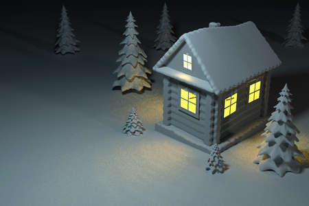 A fabulous Christmas house in a snowy spruce forest. 3D render.の写真素材
