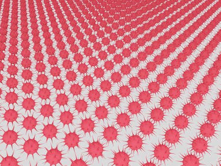 Red coronavirus models located in nodes of a flat regular square lattice on a light background.の写真素材