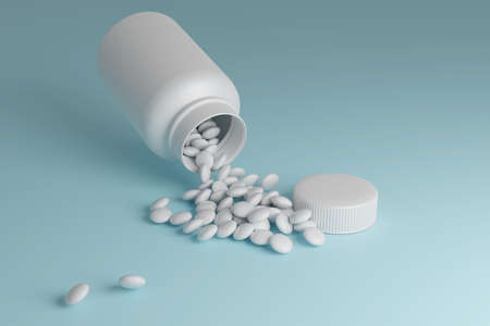 Vitamin dragees pouring out of an open white plastic jar. White tablets of medicines, crumbling on a blue surface. 3D render.の写真素材