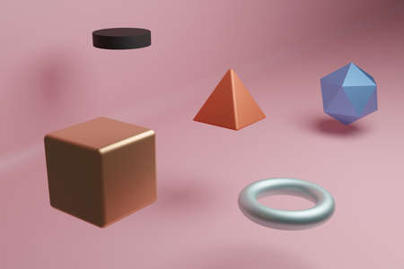 An abstract scene with multi-colored geometric bodies hanging in the air. A yellow cube, an orange pyramid, a gray torus, a blue icosahedron and a black cylinder on a pink background. 3D render.の写真素材