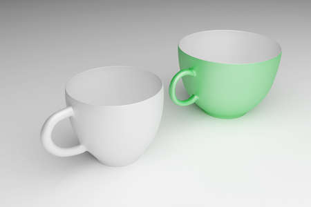 Different types and sizes of porcelain cups on the table. Green and white cups on a light surface. 3D render.の写真素材