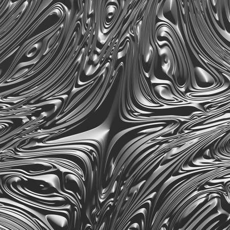 Abstract monochrome psychedelic painting painted by altered consciousness. A pattern of metallic, shiny, raised curves and curls. 3D rendering.の写真素材