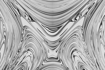 Abstract monochrome psychedelic painting painted by altered consciousness. A pattern of metallic, shiny, raised curves and curls. 3D rendering.の写真素材