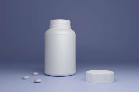 A plastic jar for medicines on the table and white dragees and a lid lying next to each other. A white open jar on a purple-blue surface. 3D rendering.の写真素材