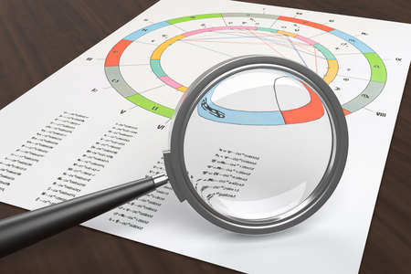Astrological charts with symbols of planets, zodiac signs, aspects on the astrologer's table, the workplace of a modern astrologer. 3D rendering. A vintage magnifying glass and an enlarged and distorted look from it, as a symbol of careful consideration of the task and possible distorted perception.の写真素材