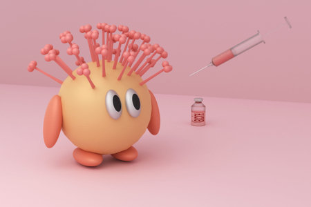 abstract comic character. Coronavirus vaccination. COVID-19 with scared eyes. A yellow orb with oval...