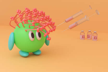 An abstract comic character. Coronavirus vaccination. COVID-19 with frightened eyes. A green ball with oval arms and legs and pink tentacle hair in a yellow office. Filled syringes and vials of vaccine. 3D visualization.の写真素材