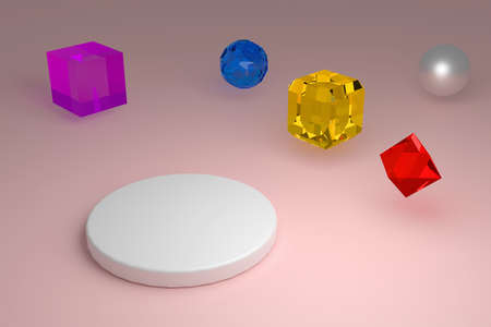 Multicolored glass cubes, polyhedra, a metal ball hang over the pink surface.の写真素材