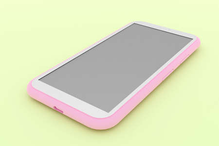 The phone is pink with white color lying on a yellow-green surface. 3D render.の写真素材