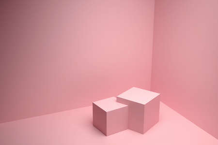 Two spliced pink cubes in the corner of the room with a pink floor and pink walls. background for placing items. 3D rendering.の写真素材