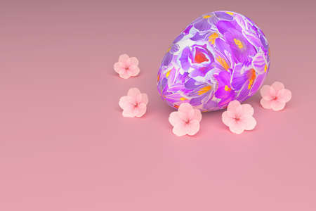 Easter egg with floral pattern. An egg on a pink surface with cherry blossoms around. Free space for inserting objects. 3D rendering.の写真素材