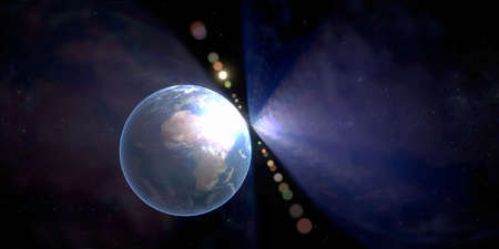 An abstract cosmic scene. Planet Earth against the background of space and stars. Blue rays and round glare from the Sun. 3D rendering.の写真素材