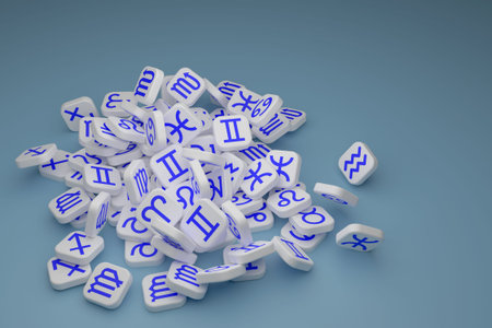 Icons of zodiac signs in the form of blue symbols on white tiles. A bunch of rectangular tiles falling on the surface of blue color. Free space in the corner of the frame for inserting objects. 3D rendering.の写真素材