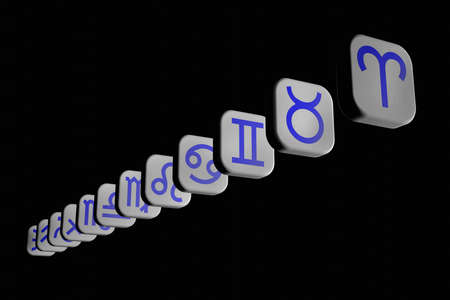 Icons of zodiac signs in the form of blue symbols on white tiles. Rectangular tiles lined up behind each other on a black background. 3D rendering.の写真素材
